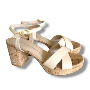 Stuart Weitzman Dayna Platform 80 Sandals Sz 7.5 Nude Block Cork Heel Strappy